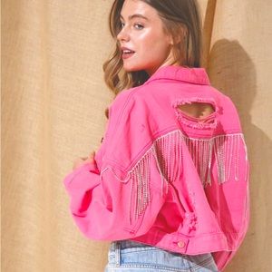 Rhinestone fringe pink denim jacket